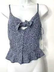 Japna Top Size Small Sleeveless Peplum Tie Front Blouse Ruffles Blue Floral