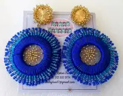 Manos Magicas ~ Blue/ Gold Tone Beaded Circle Disc Earrings ~ 3"x2" ~ New