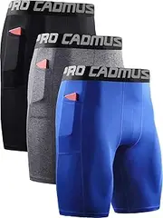 [Cadmus] 3 Pack Men Compression Gym Running Sports Underwear Base Layer Shorts with Side Pockets