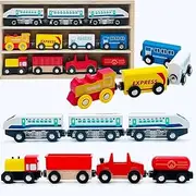 Miutrue Wooden Trains Cars Magnetic Train 11pcs Wooden Train Toys for Wooden Train Tracks Train Sets for Toddlers and Kids Ages 3+ (11 PCS)