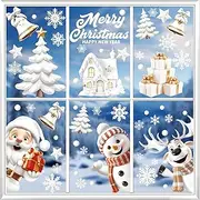 KIKISML 9 Sheets 146 Pcs Christmas Window Clings, Snowflake Reindeer Santa Claus Snowman Xmas Tree Stars Castle White Window Stickers Merry Xmas Descoration School Home Office Party Holiday Supplies