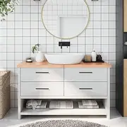 Bathroom Countertop Light Brown 140x60x4 cm Treated Solid Wood, Oak Vanity Top with Live Edge, Durable Bathroom Sink Surface, Versatile Use in Small Vanity, Farmhouse, and Console Applications