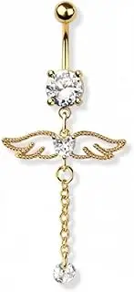 [Pierced Owl] 14GA 316L Stainless Steel CZ Crystal Angel Wings with Dangling Chain Belly Button Ring