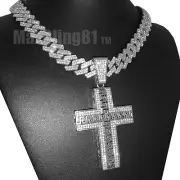 Silver PT Cross Charm 18" ~ 24" Iced Zig Zag Cubic Zirconia Cuban Chain Necklace
