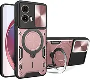 Case for Motorola Moto G85 5G with Sliding Camera Window, Kickstand, TC+TPC Material,Shock-Proof Anti-Scratch Dual-Layer Phone Cover, Rose Gold