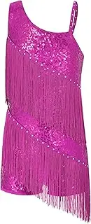 [Lejafay] Kids Girls Sleeveless Samba Rumba Salsa Dress Sequins Rhinestone Tassels Latin Dance Leotards