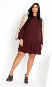 NEW City Chic Ladies Oxblood Julie Long Sleeve Mini Dress Plus Size S 16 #Q46