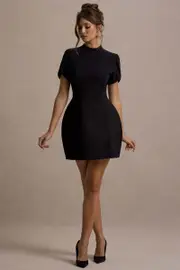 Carabella | Black High-Neck Short-Sleeve Mini Dress
