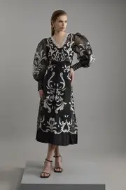 Petite Applique Organdie Buttoned Woven Midi Dress