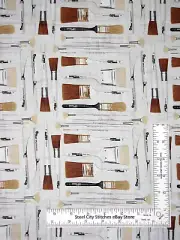 Bob Ross Joy of Painting Fabric Art Paint Brushes Gray Studio E Cotton Yard