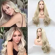 Xiweiya Ombre Blonde Synthetic Lace Front Wig with Light Blonde Brown Roots Heat Resistant Hair Side Part Long Silky Straight Lace Front Wigs Half Hand Tied Wig for Women Daily Waer 24inches