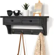 Farmhouse Wall Mounted Coat Hooks - Rustic Wood Wall Mount Shelf w/ Hooks BLACK
