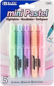 BAZIC Mini Highlighter Pen Pastel Color, Chisel Tip Broad Fine Line Highlighters Unscented (5/Pack), 1-Pack