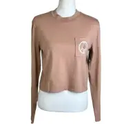 Volcom Shirt Women Small Tan White Pocket Dial Organic Cotton Neutral Logo Top