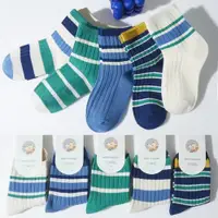 在飛比找ETMall東森購物網優惠-優貝選 舒適學生童襪5入套組(綠藍搭色條紋)