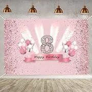 Happy 8th Birthday Decorations for Girls - Backdrop Banner, Party Deco, Fabric Sign Poster, Pink Photo Background for Girl's Anniversary Party Supplies, 59"x35.4"