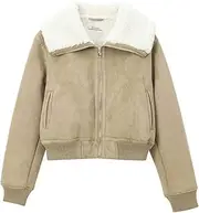 [PTBNRDC] Women's Faux Suede Jacket Sherpa Lined Cropped Zip Up Warm Coat Outerwear