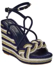 Valentino Rockstud Torchon Blue Stripe Cord Rope Wedge Ankle Strap Sandal 36