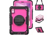 Lenovo Tab M9 HD 9 inch (TB-310FU) 2023 Case With Screen Protector 360 Rotating Hand Strap Stand & Shoulder Strap-RoseRed&Black