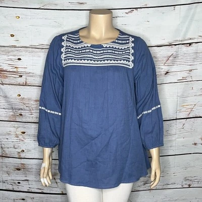 Lane Bryant NWT Size 16 Blue - White Embroidered Peasant Blouse Top