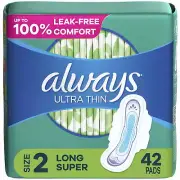 Always Maxi Pads Long Super Absorbency Unscented with Wings - Size 2 - 42ct