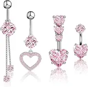 [Meng Jiaran] 4Pcs Belly Button Bars, Pink Belly Button Piercing Rings Stainless Steel Heart Navel Belly Rings 14G Hypoallergenic Navel Piercing Jewelry for Womens Girls, As show, Stainless Steel, No