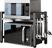 SZJUNXIAO Microwave Expandable Shelf 40-64 cm, Oven Rack, Kitchen Organiser, Adjustable Width & Height Stand Counter With 4 Hooks (Black 1-Tier)
