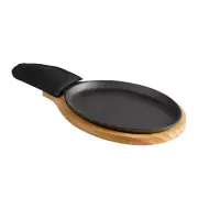 Choice 9 1/4" x 7" Oval Cast Iron Fajita Pan Set with Wood Serving Underliner
