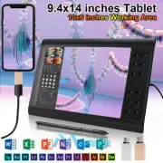 Graphics Drawing Tablet w/ Battery-free Pen HD Display 9.4x14 Inch 12 Press Keys