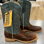A4262 - MEN'S BLUE AND HONEY EMBROIDERY WIDE SQUARE TOE RODEO COWBOY BOOT -8.5