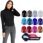 Womens Polo Neck Long Sleeve T-Shirt Stretchy Plain Basic Casual High Neck Top