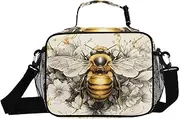 Bee Flower Gold Insulated Lunch Box for Women Men - Ideal for Work, Picnics - Includes Adjustable Shoulder Strap