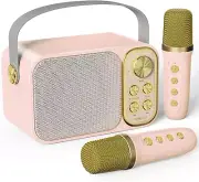 Mini Karaoke Machine for Kids with 2 Wireless Microphone, Portable Bluetooth Spe