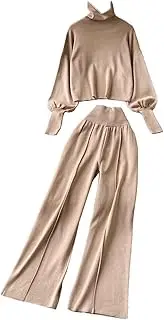 [Generic] Women's 2PC Suits Solid Turtleneck Lantern Sleeve Knitted Pullover Tops High Waist Wide Leg Pants Tracksuits Lounge Set