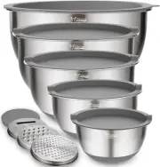 Mixing Bowls with Lids Set, 5PCS Stainless Steel Grey Nesting Bowls with 3 Grate