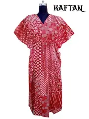 Indian Cotton Red Patchwork Print Kaftan Dress Women's Clothing Kaftan Dress AU