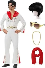 Coseaon Men's 70s Singer Costume Adult 50s 60s Disco Outfit with Wig Sunglasses Scarf Necklace Jumpsuit for Halloween Carnival (White, L)