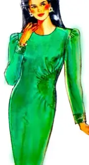 1980s Ruched Dress Round Neck Long Puff Sleeve Burda Sewing Pattern 4728