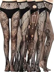 [Florry] Womens High Waist Tights Fishnet Stockings Lace Patterned Sexy Pantyhose Stockings for Women, Black, One Size