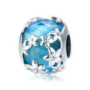 Silver plating Daisies Flower Blue Beads Charm Fit Charm Bracelet DIY Jewelry