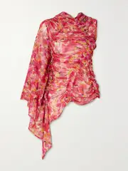 [Dries Van Noten] Dries Van Noten - One-sleeve Ruched Floral-print Silk-chiffon Top - Bright pink - FR 36 FR 36 Pink