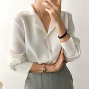 Long-Sleeve Plain Chiffon Shirt White - M