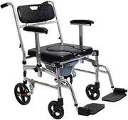 Toilet Chair Shower Commode Chair with Wheels - Waterproof Aluminum Portable Foldable Bedside Commode Bath Toilet Shower Wheelchair with Handbrakes