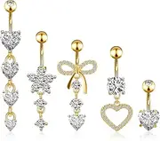 ViEinkaufen 5 Pcs Belly Button Bars,Stainless Steel Button Piercing Rings,Flower Bow Heart Tassel Belly Belly Bars Sterling,Hypoallergenic Navel Piercing Jewelry for Women Girls