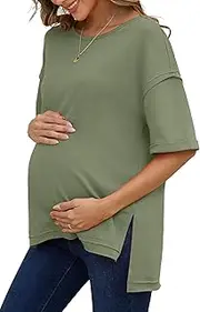 [RUBZOOF] Women's Maternity Shirts Short Sleeve Pregnancy Tops Side Split Casual T Shirts Tunic Mama Clothes