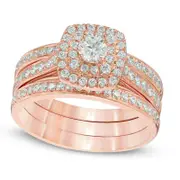 1.0 CT. T.W. Natural Diamond Double Square Frame Three Piece Bridal Engagement Ring Set in Solid 10K Rose Gold