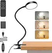 Reading Light with Remote, LED Desk Lamp Clip on [1H Timer & Nightlight] RA>95 Dimmable Flexible Gooseneck, USB Reading Lamp Clamp for Table - 3.5'' (Adapter Included)