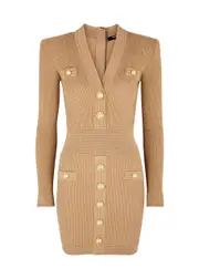 Balmain Ribbed Stretch-knit Mini Dress - Brown - 14 14