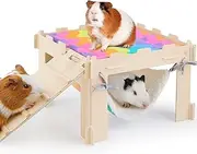 Guinea Pig Hideout with Hammock, Soft Guinea Pigs Hammock Wooden Guinea Piggy House with Stairs Large Guinea Pig Toys fit Guinea Pigs Cages Accessories for Small Animals