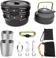 9pcs Camping Pots and Frying Pan Set, Camping Cookware Kit with Kettle, Non-stick Pots and Pans, Portable Cookware Set with Foldable Handle for Travel Camping Hiking Picnic BBQ